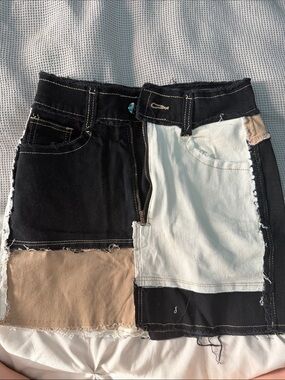Colorblock Patchwork Mini Skirt - Black, Cream, Tan